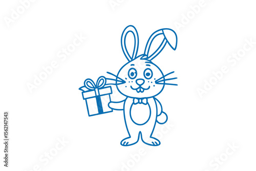 Cartoon bunny presents gift with bow wearing bowtie outline illustration against white