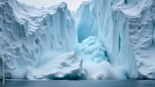 A large block of ice falls into the water, causing a massive splash. The ice is seen breaking apart and creating a large mist