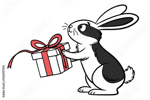 Cartoon rabbit holds a box with a red ribbon and bows with happiness