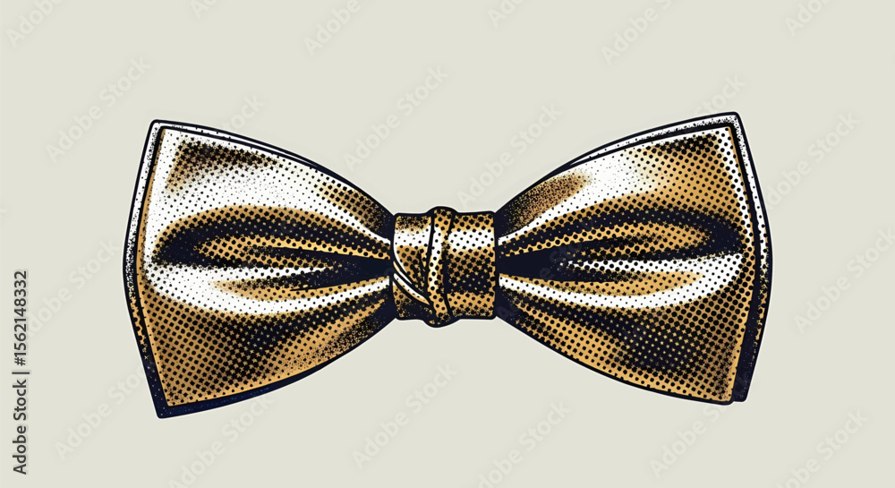 This high-quality vector graphic features a distressed halftone gold bow tie with a metallic sheen, emphasizing elegance, formal wear, and vintage print aesthetics.
