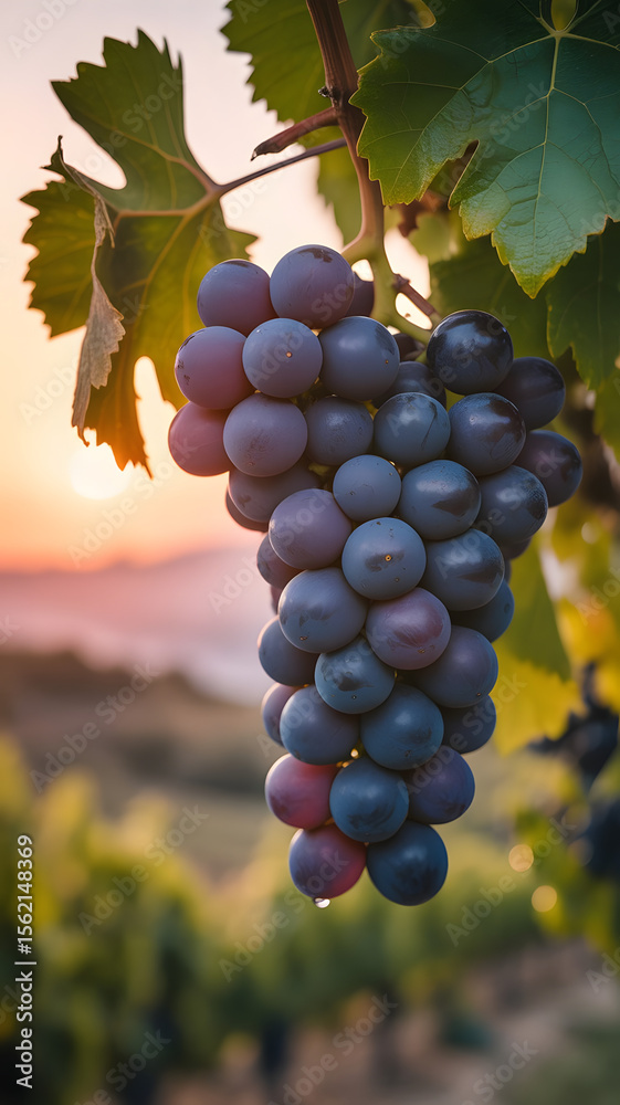 Fototapeta premium A bunch of ripe purple grapes hang on the vine at sunset