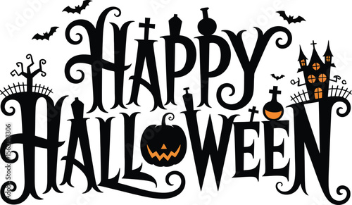 Elegant Happy Halloween Design with Spiders Bats and Cobwebs Perfect for Invitations Decorations and Festive Greetings in a Stylish Black and White Illustration