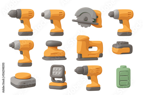 Set of stylized construction tools with orange and gray design