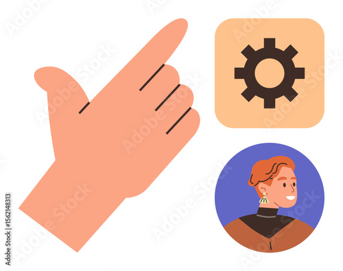 Hand pointing upward, gear icon symbolizing customization or settings, and female avatar portrait indicating teamwork and individuality. Ideal for technology, collaboration, user settings