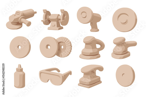 Set of buffing and polishing tools in monochrome style