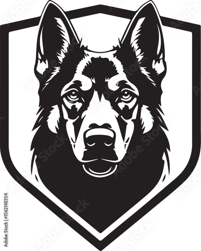 Black and white German Shepherd dog head vector illustration in shield shape