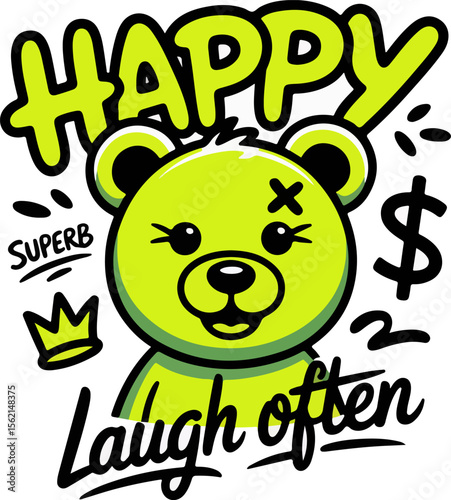 Cute cartoon bear with neon green accents and inspirational text