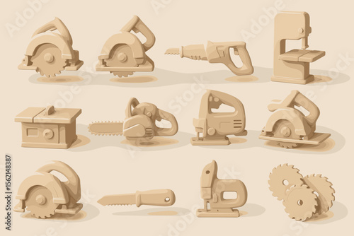 Beige plastic toy tools collection on soft background