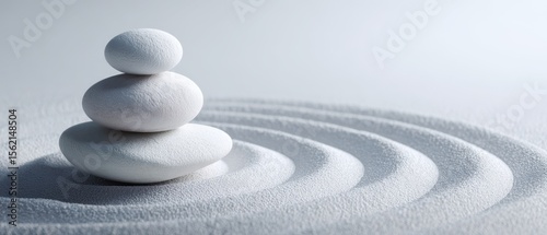 The tranquil arrangement of white stones on a layer of sand.