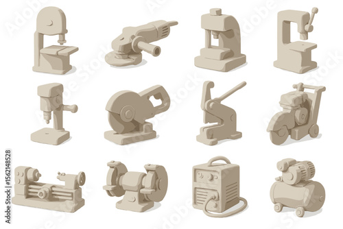 Collection of 3d cartoon industrial machines in monochrome style