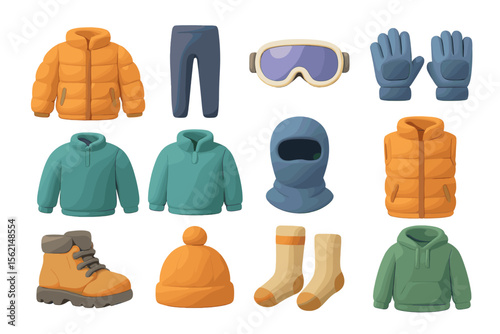 Winter clothing set: jackets, pants, goggles, gloves, boots, hats, sweaters