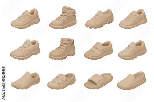 Collection of various shoe styles on brown background