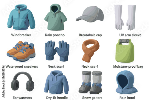 Outdoor gear collection including jackets, gloves, sneakers, and accessories