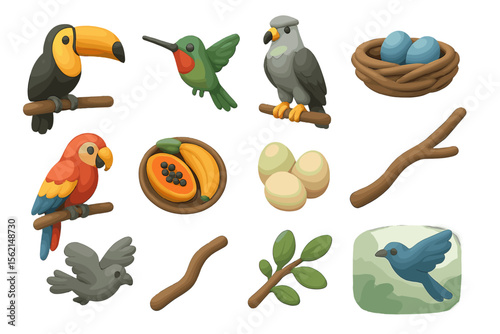 Colorful birds and eggs with branches and fruits illustration