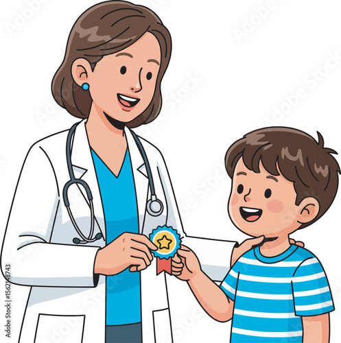 A female doctor proudly awards a young boy a gold star for his health.