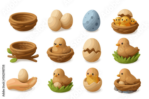 Cute cartoon chicks, eggs, and nests in various stages of hatching