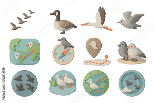 Illustrated birds in migration with navigation icons