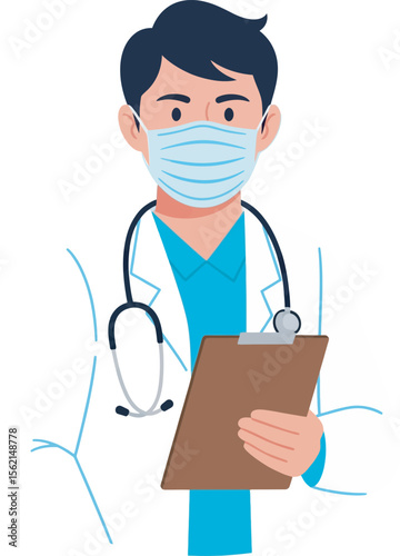A doctor in a white coat and blue shirt, wearing a face mask, holding a clipboard.