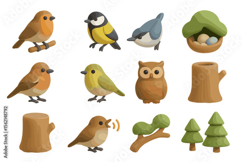Cute cartoon birds and nest collection with tree stumps and owl