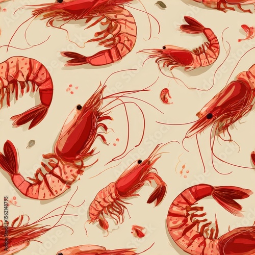 Seamless Red Shrimp Pattern: Vector Art for Culinary Themed Kitchen Decor
