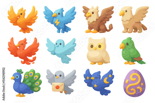 Colorful clay birds and creatures with unique designs and accessories