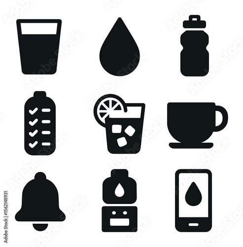 Hydration Icons Grid. Solid, filled icons set of hydration habits: water glass, droplet, refill bottle,