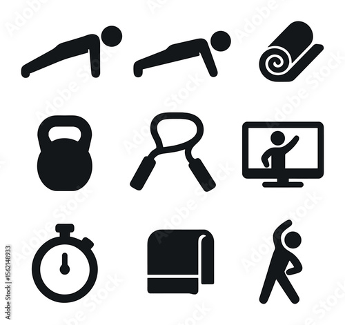 Home Workout Icons. Solid, filled icons set of home workouts: push-up, plank pose, yoga mat, kettlebell,