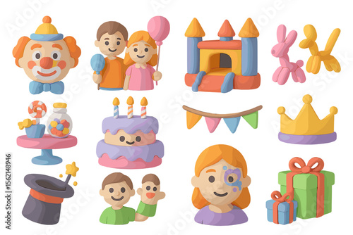 Colorful birthday party with cake, gifts, and clowns for kids