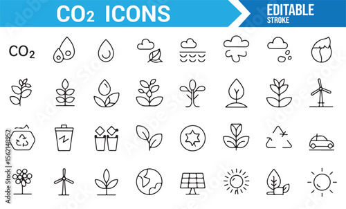 Line art icons of CO2-related symbols like plants, solar energy, and pollution reduction
