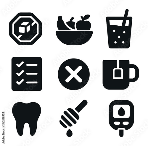 Low Sugar Icon Set. Solid, filled icons set of low sugar living: sugar-free label, fruit bowl, smoothie,