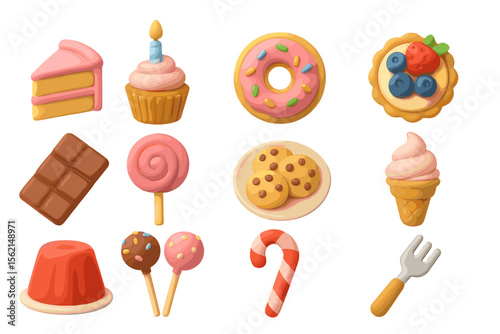 Assorted colorful sweets including pastries, ice cream, and candy