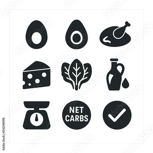 Low-Carb Icons Grid. Solid, filled icons set of low-carb living: egg, avocado, grilled chicken, cheese slice,