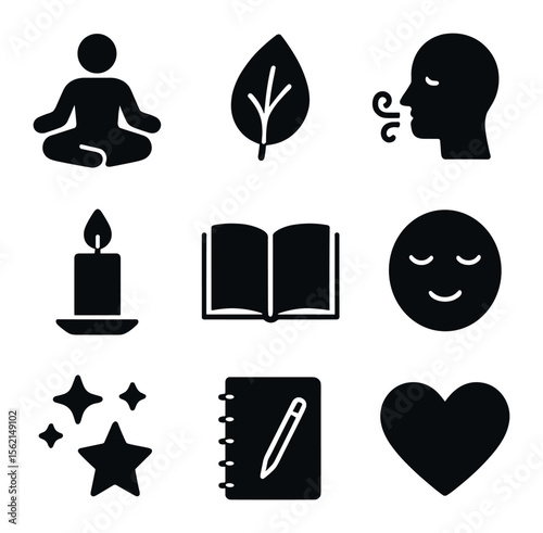 Mindfulness Icons Grid. Solid, filled icons set of mindfulness habits: sitting pose, leaf icon, breath, candle