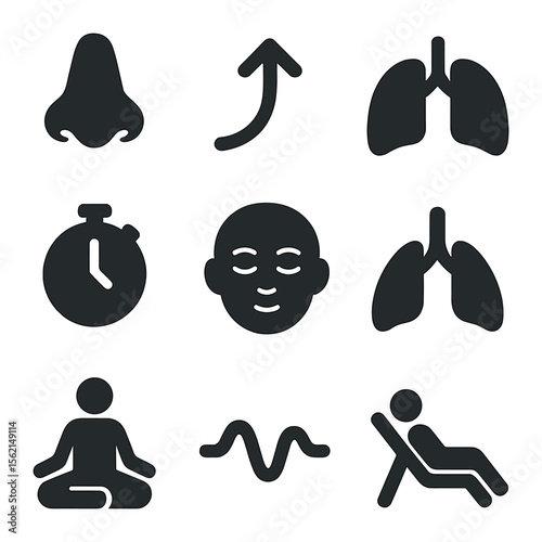 Breathing Exercise Icons. Solid, filled icons set of breathing exercises: nose icon, inhale arrow, exhale