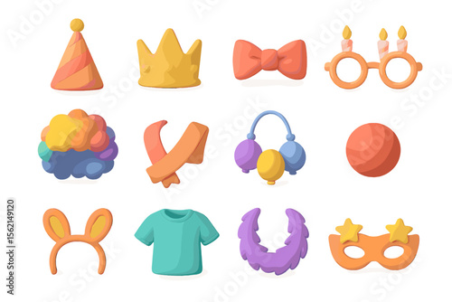 Festive party icons: colorful hats, crowns, and fun accessories