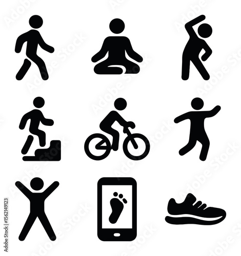 Daily Movement Icons. Solid, filled icons set of daily movement: walking icon, yoga, stretching, stairs, bike,