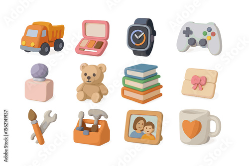 Colorful collection of toys and everyday objects on gradient background