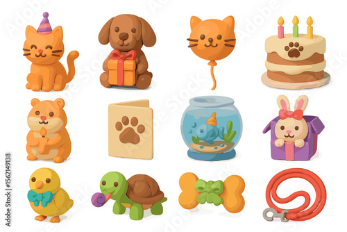 Colorful clay animals and birthday items in a playful arrangement