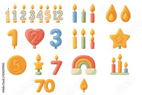 Colorful 3d birthday cake candles in fun shapes and numbers