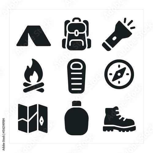 Camping Essentials Icons. Solid, filled icons set of camping essentials: tent, backpack, flashlight, campfire,