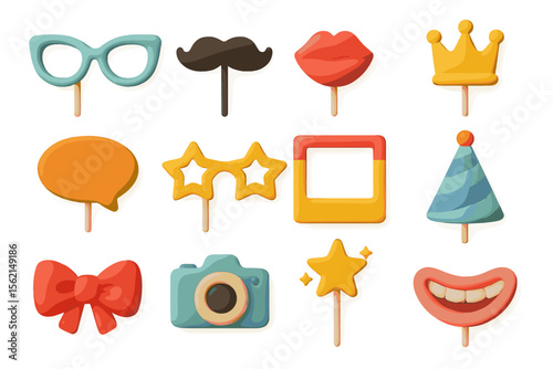Colorful icon set with glasses, lips, crown, camera, and stars