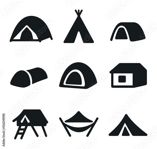 Tent Icons Grid. Solid, filled icons set of tent types: dome tent, teepee, tunnel tent, bivy sack, pop-up tent
