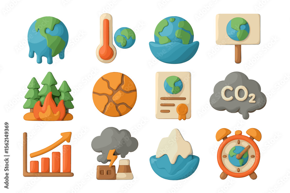 Fototapeta premium Climate change icons: earth, fire, co2, graph, ice, weather symbols
