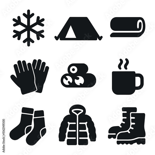Cold Weather Camping Icons. Solid, filled icons set of cold weather camping: snowflake, winter tent, thermal