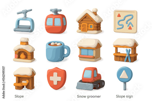 Winter icons with cable car and log cabin in soft pastel clay style