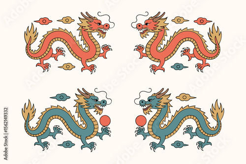 Vintage dragon art pattern with curled body layout in groups for cultural celebration or Chinese holiday design  