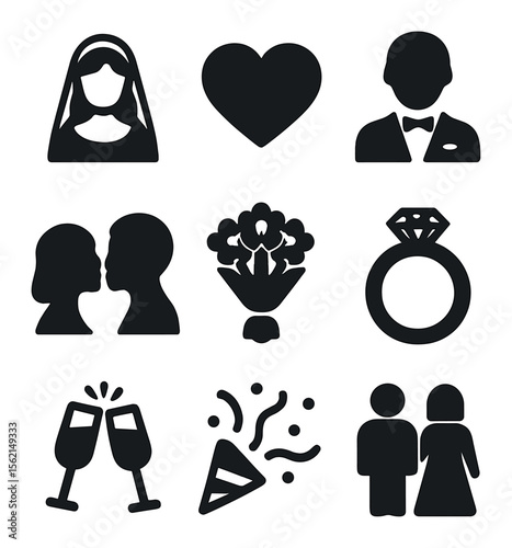 Newlywed Icons Grid. Solid, filled icons set of newlywed icons: bride, groom, heart, wedding kiss, bouquet,