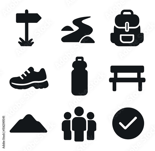 Hiking Trail Icons. Solid, filled icons set of beginner hiking trails: signpost, short path, small backpack,
