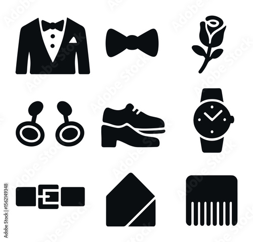 Groom Style Icons. Solid, filled icons set of groom style: tuxedo, bow tie, boutonniere, cufflinks, dress