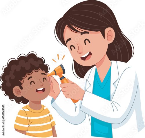 A smiling female doctor examines a young boy's ear with an otoscope during a cheerful checkup.